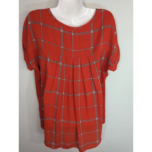 Pleione Pleated Blouse - Size L - Red Plaid Scoop Neck Casual Career Top - Picture 5 of 8